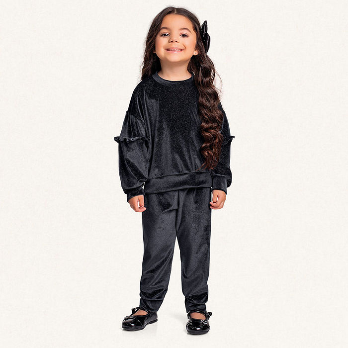 Conjunto blusão com babados e calça em plush lurex