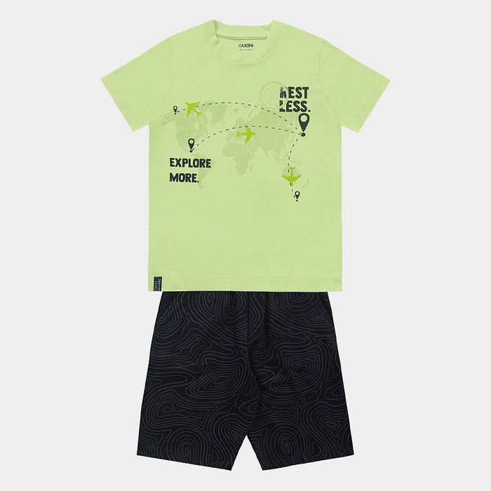 Conjunto camiseta explore e bermuda em moletinho com bolso
