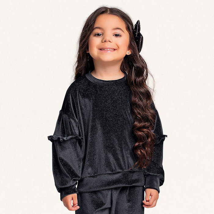 Conjunto blusão com babados e calça em plush lurex