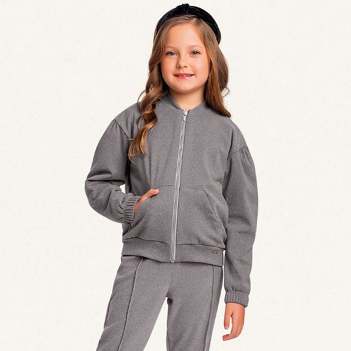 Conjunto jaqueta e calça em tecido melange com bolso