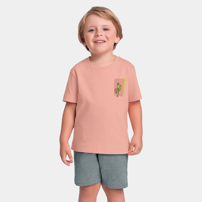 Conjunto camiseta silk com gel e bermuda em tecido ecotex flamê com bolso