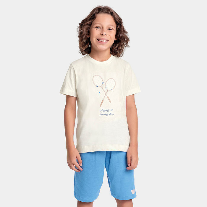 Conjunto camiseta raquete e bermuda com cadarço decorativo em moletinho