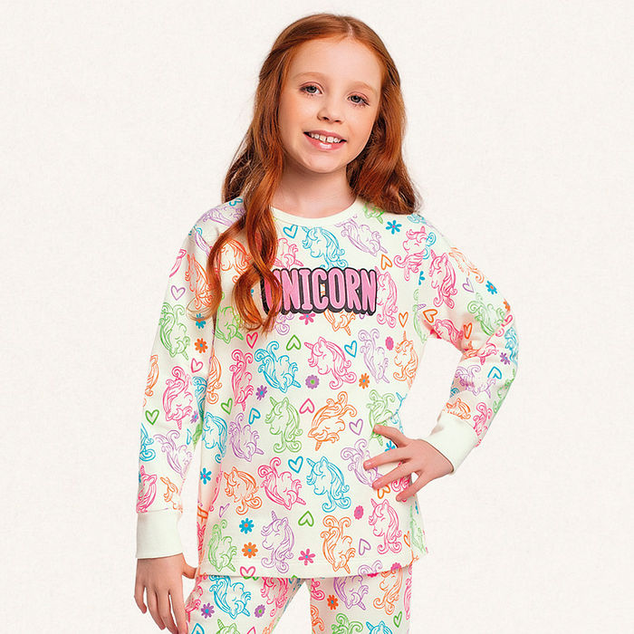 Conjunto pijama blusão e calça em moletom unicórnio