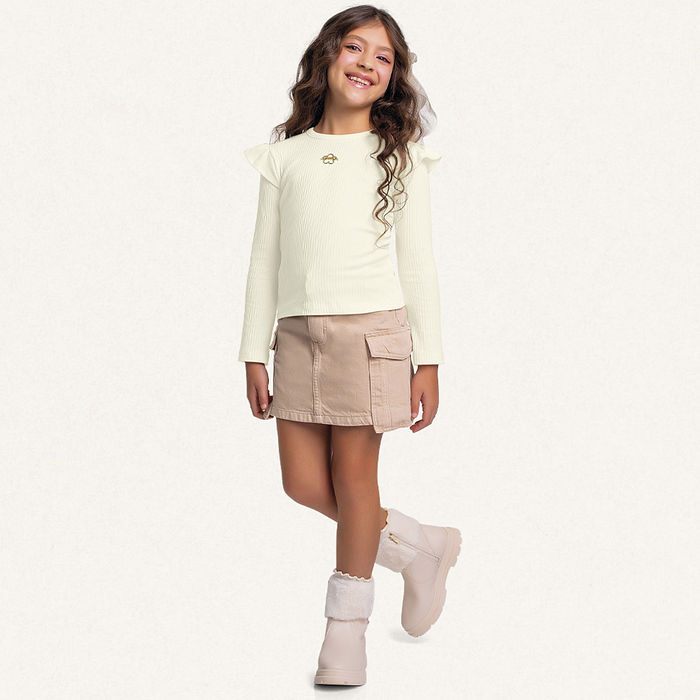 Blusa manga longa com babado em ribana canelada