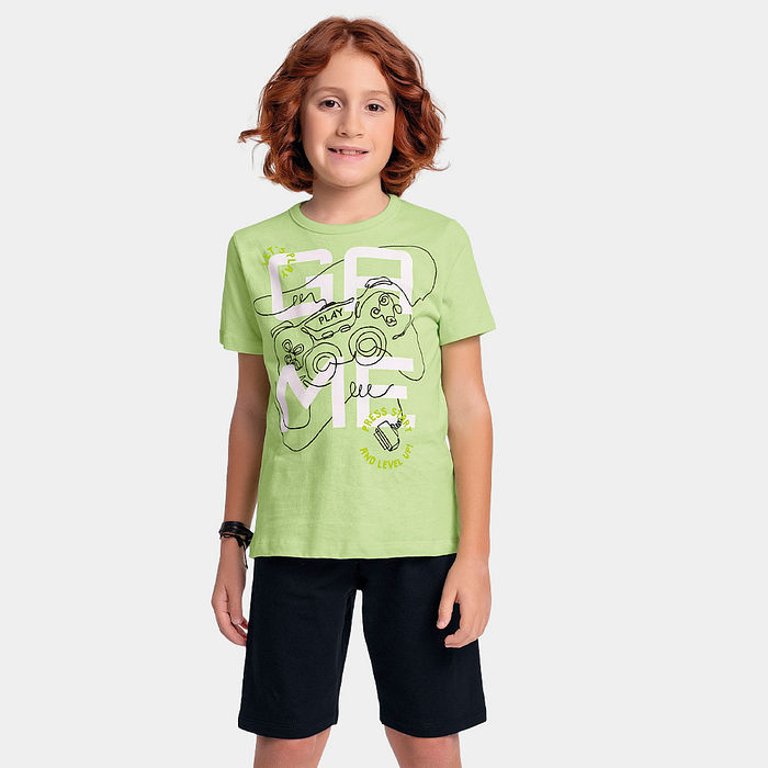 Conjunto camiseta game e bermuda em moletinho