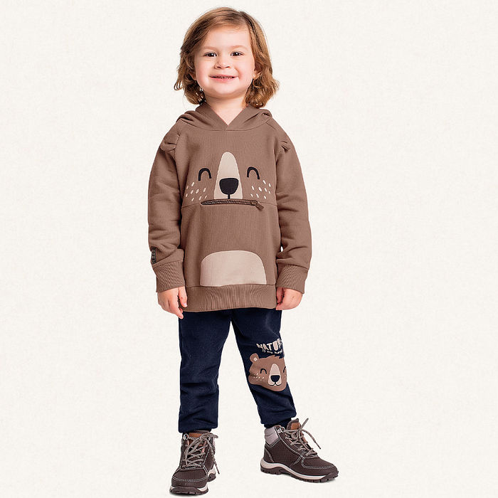 Conjunto blusão com capuz e calça em moletom urso