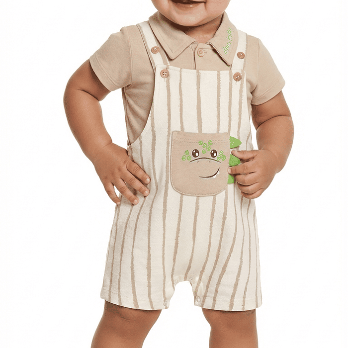 Conjunto body manga curta e macação dinossauro