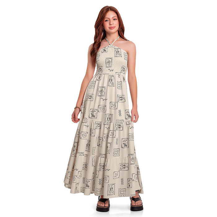 Vestido juvenil malha favo lástex estampa praia