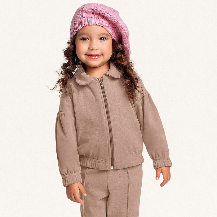 Conjunto jaqueta com ziper e calça em tecido melange