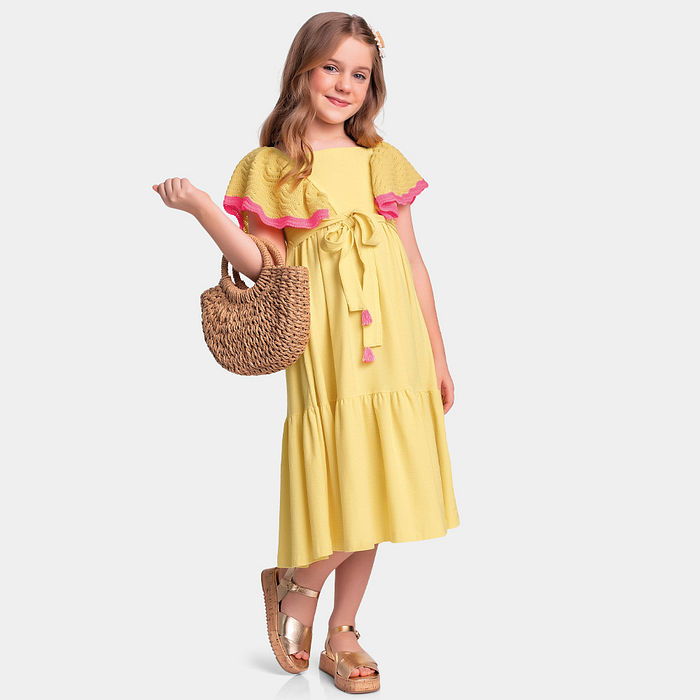 Vestido midi com amarração e babado em tricot