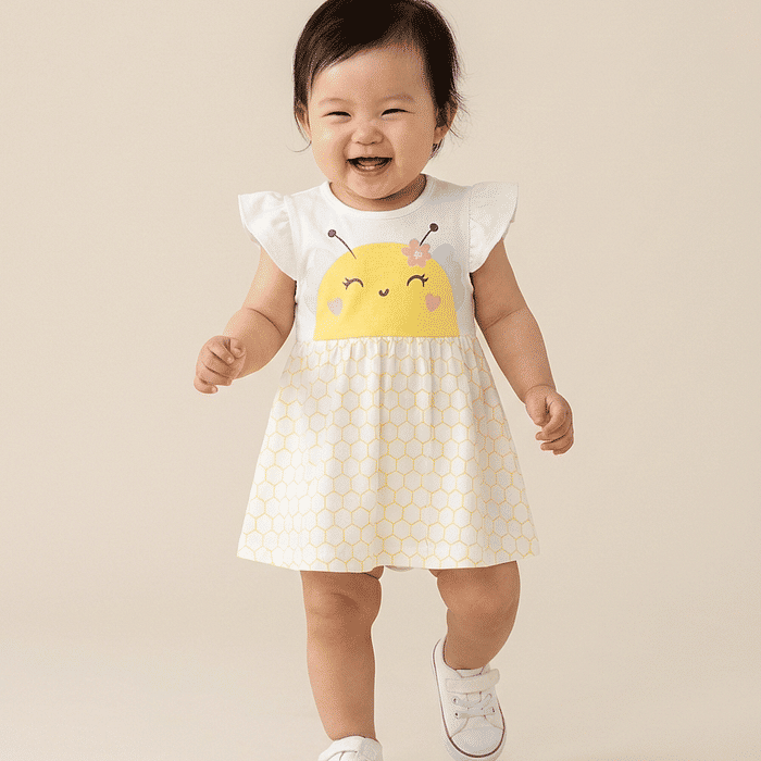 Body bebê manga curta com saia estampa abelha