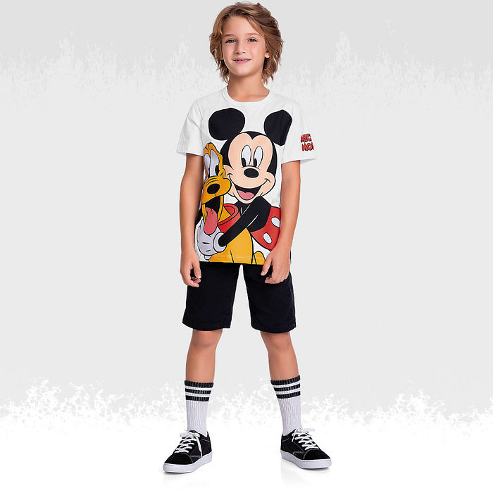 Camiseta em meia malha mickey e pluto