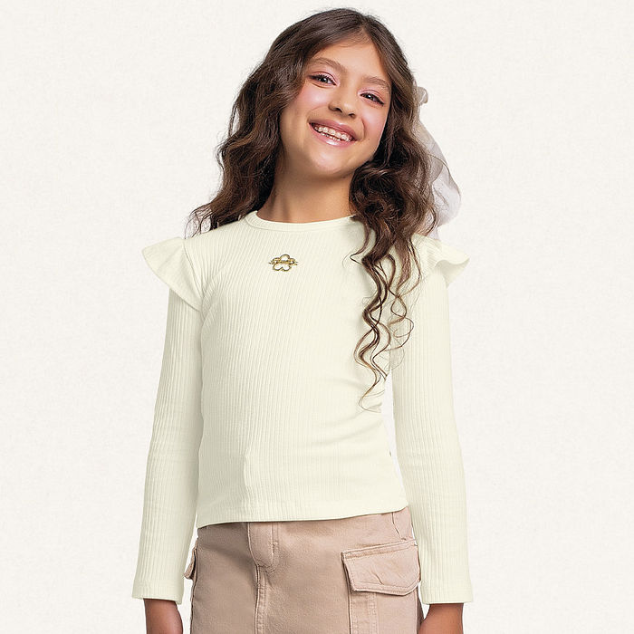 Blusa manga longa com babado em ribana canelada