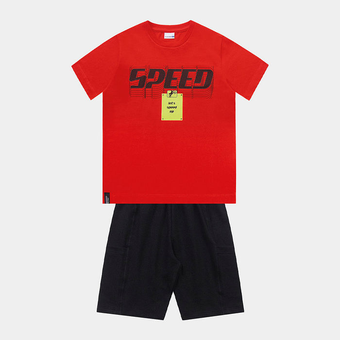 Conjunto camiseta speed com silk 3D e bermuda moletinho com bolso