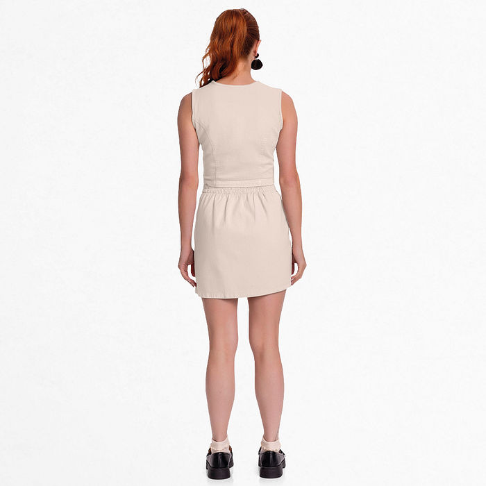 Conjunto colete com abertura por botão e saia em sarja Yari com elástico