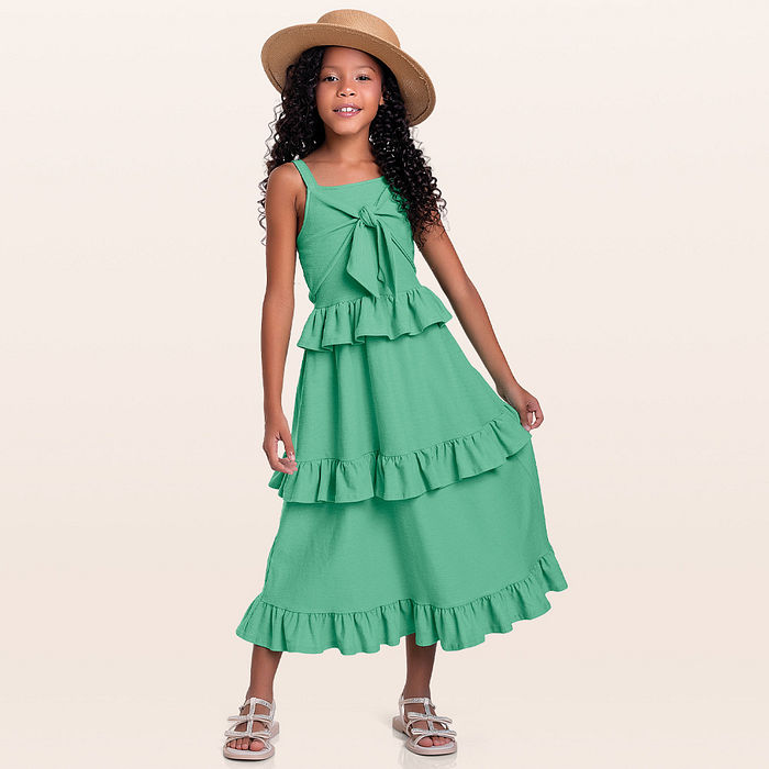 Vestido midi com amarração e babados