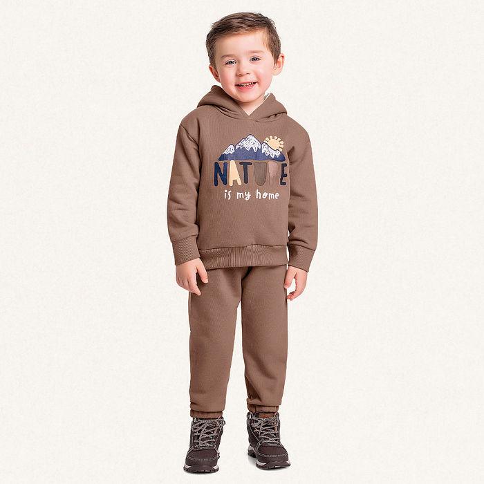 Conjunto blusão com capuz e calça em moletom nature