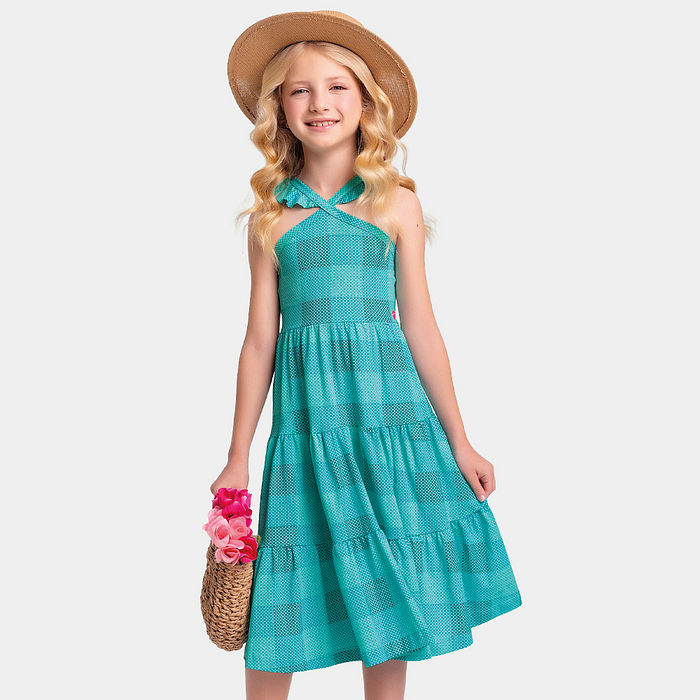 Vestido midi xadrez decote halter