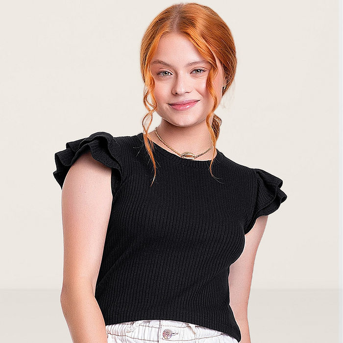 Blusa em ribana 5x3 viscose com babado nos ombros