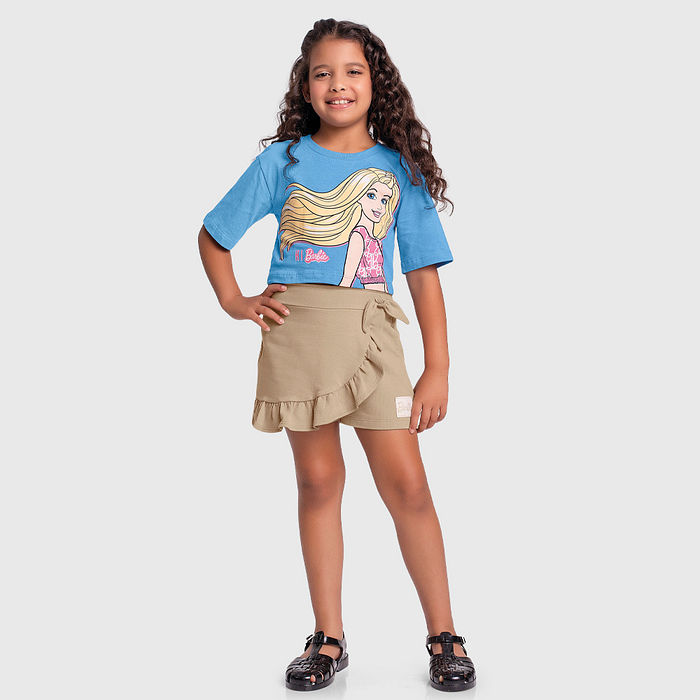 Conjunto blusa cropped da Barbie e short-saia em moletinho