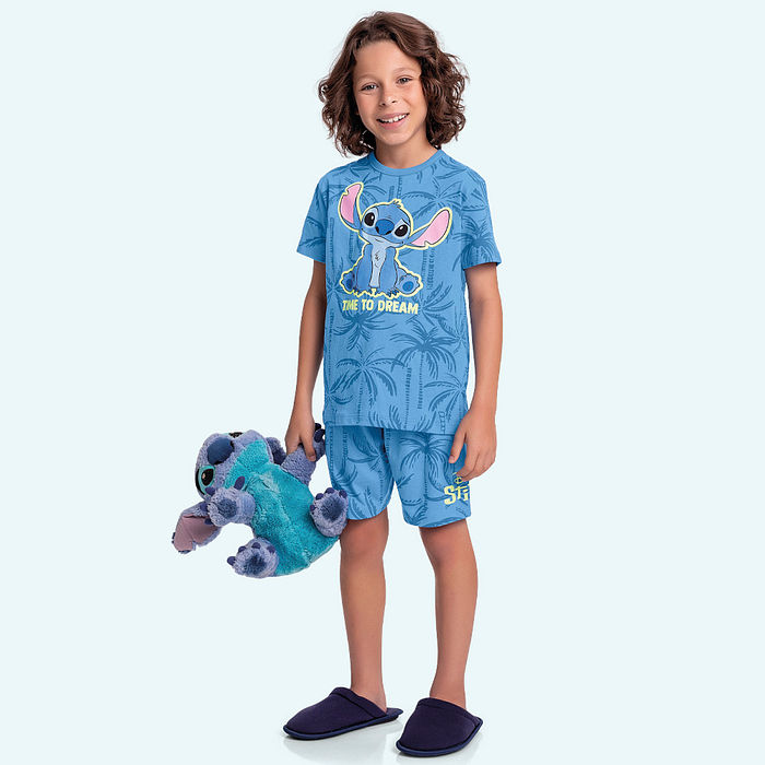 Conjunto pijama camiseta e bermuda Stitch caribe