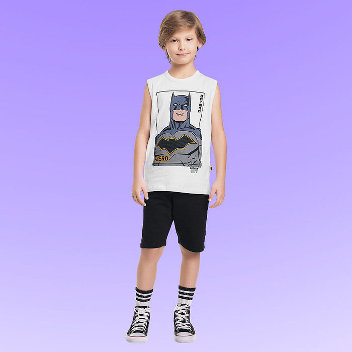 Conjunto regata em meia malha e bermuda em moletinho Batman