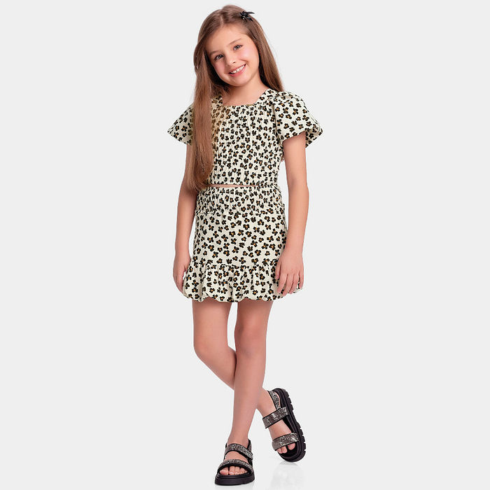 Conjunto blusa e short-saia balonê em malha florence animal print