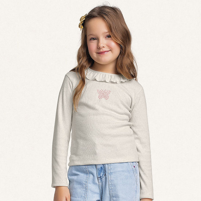 Blusa manga longa em ribana linho borboleta em strass