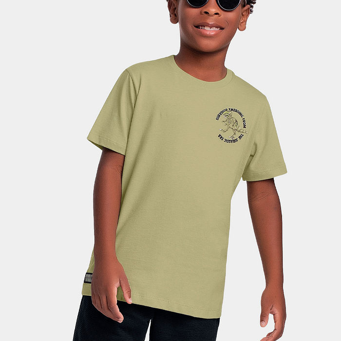 Conjunto camiseta com estampa de dinossauro e bermuda moletinho lótus com bolso