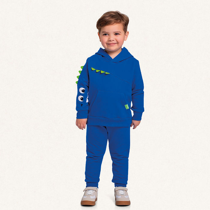 Conjunto blusão com capuz e calça em moletom dino