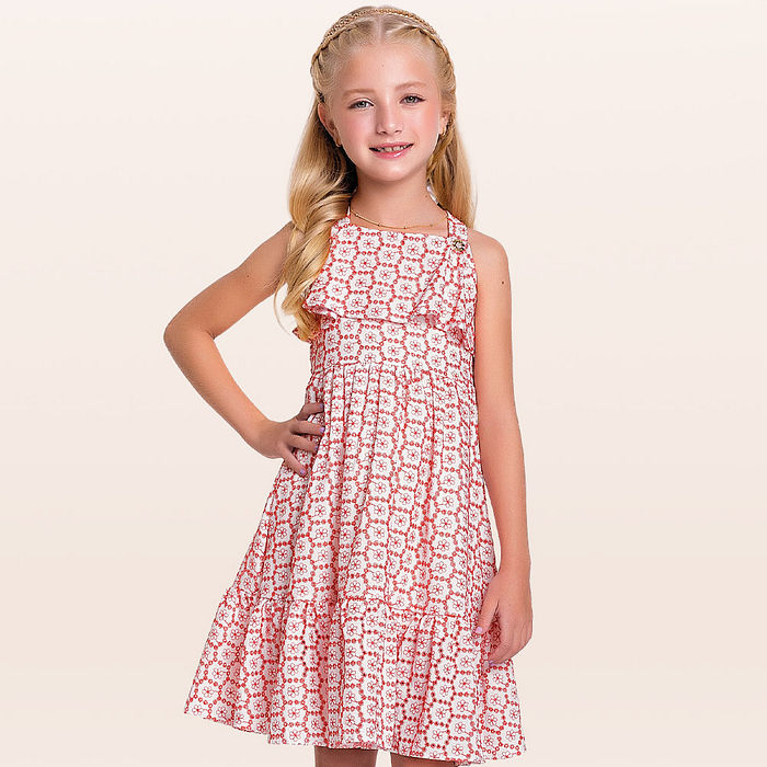 Vestido midi em tecido bordado mini flor