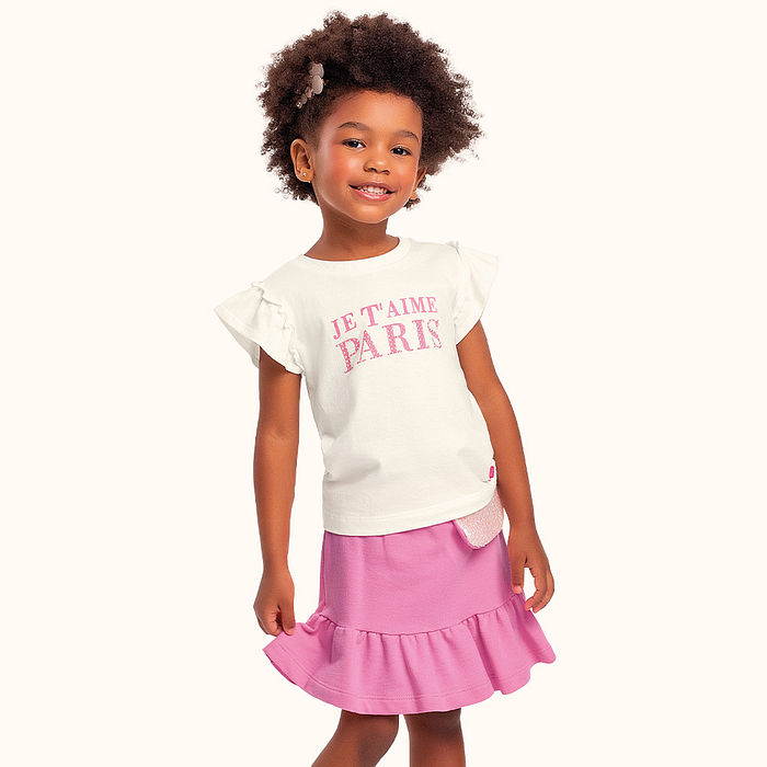 Conjunto verão blusa e short saia com pochete e aplique de strass