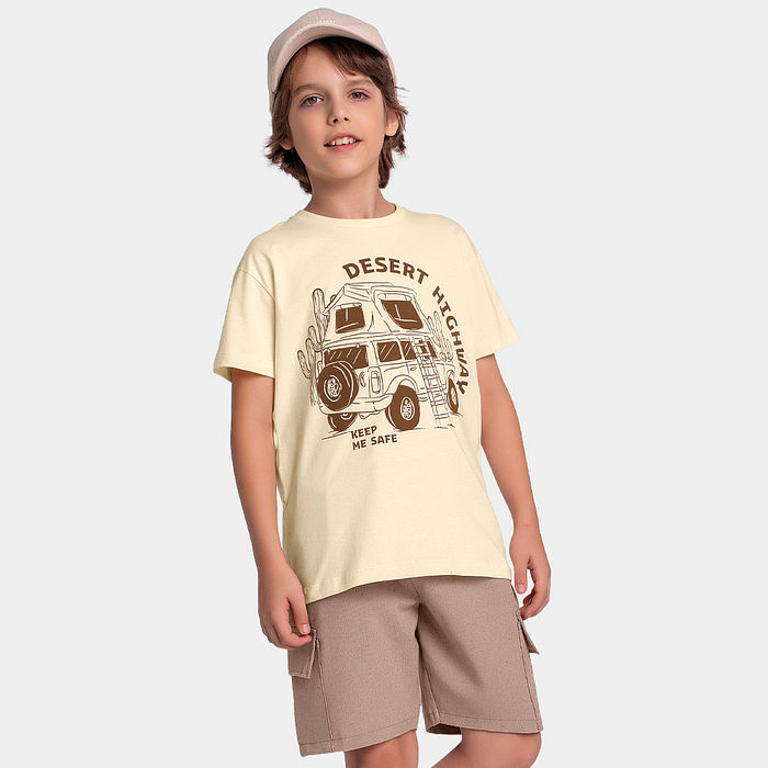 Conjunto camiseta desert e bermuda tecido ecotex flamê com cadarço e bolso