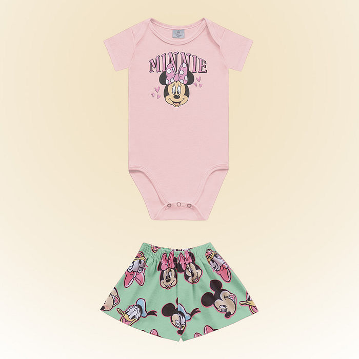 Conjunto body manga curta em suedine e short-saia em cotton leve Minnie