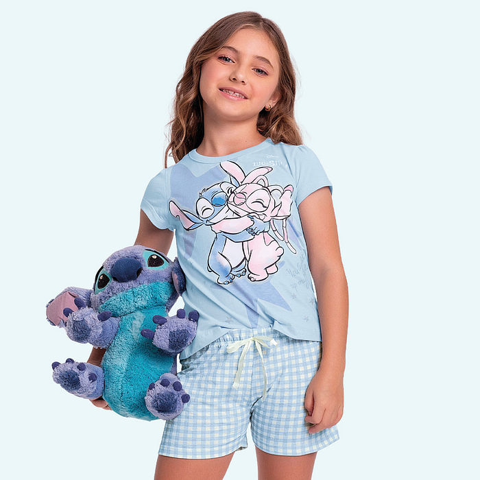 Conjunto pijama blusa e short xadrez com laço Stitch