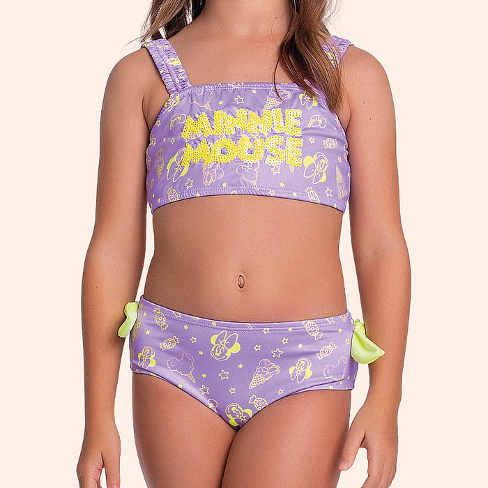 Conjunto moda praia Minnie com top, calcinha e amarrador