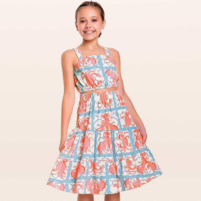 Conjunto top cropped e saia midi lagosta