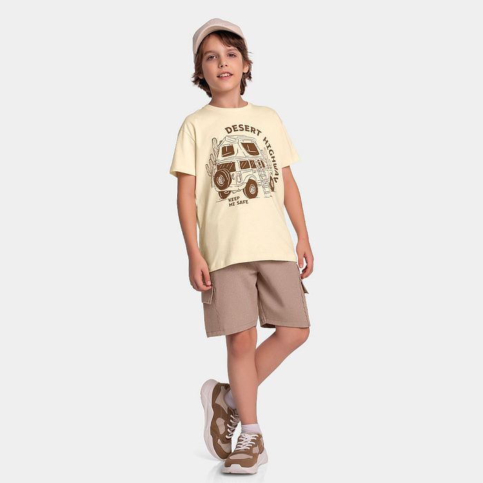 Conjunto camiseta desert e bermuda tecido ecotex flamê com cadarço e bolso