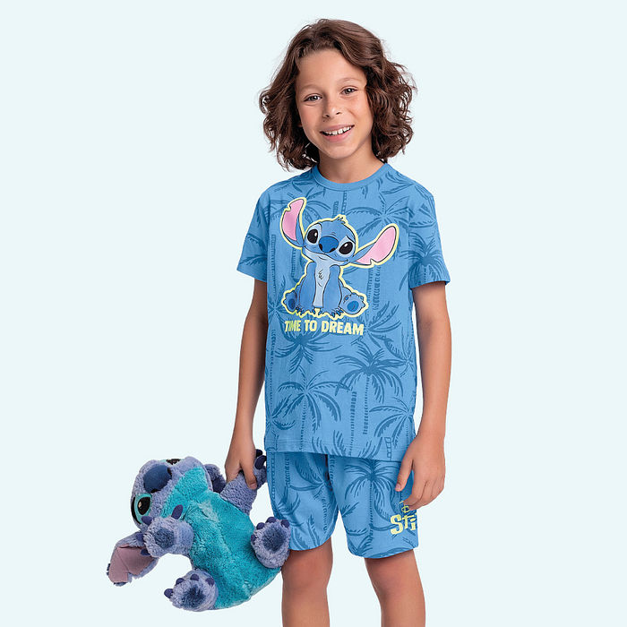 Conjunto pijama camiseta e bermuda Stitch caribe