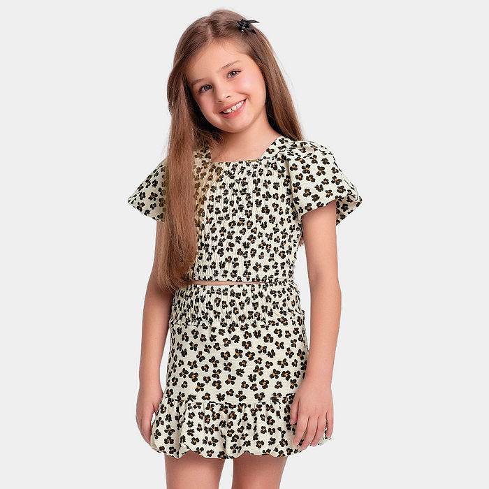 Conjunto blusa e short-saia balonê em malha florence animal print
