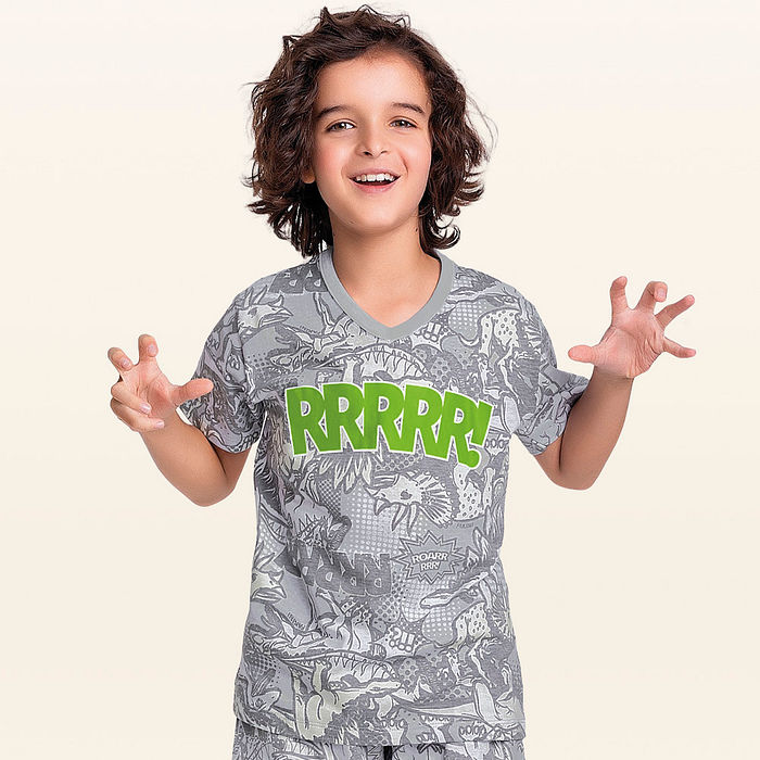 Conjunto pijama camiseta e bermuda dinossauro