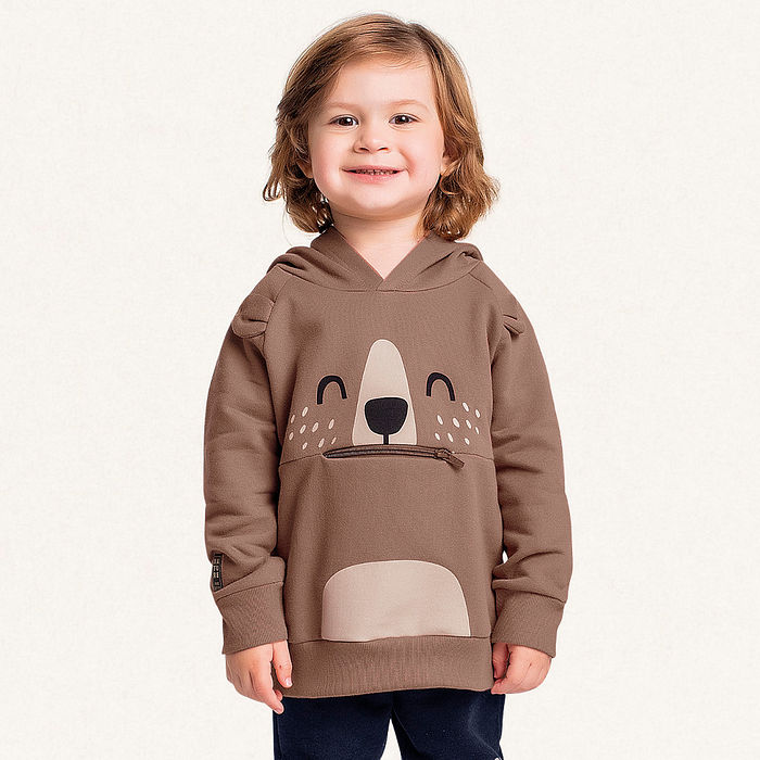 Conjunto blusão com capuz e calça em moletom urso