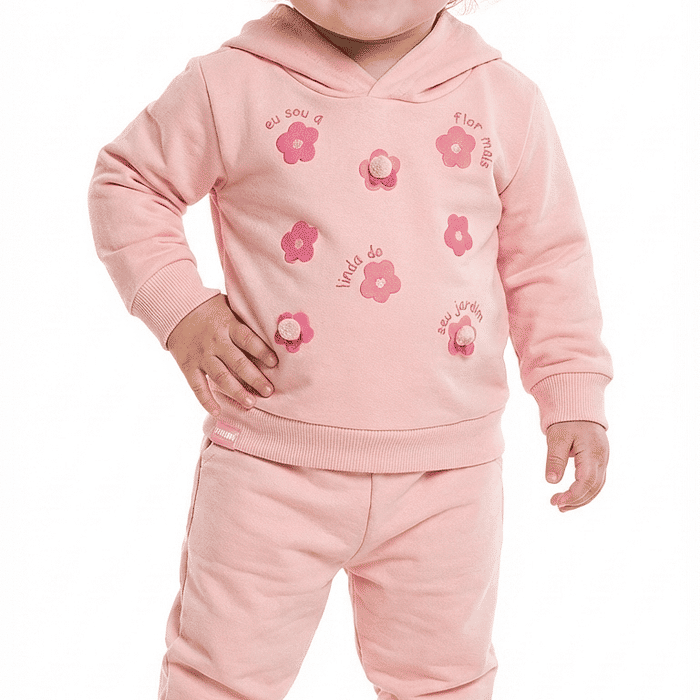 Conjunto blusão com capuz e calça em moletom flores