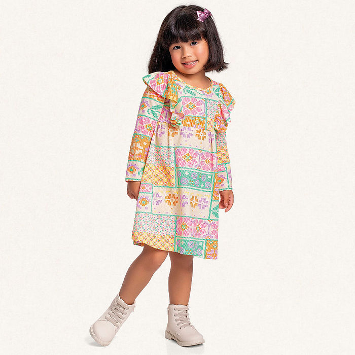 Vestido manga longa em meia malha floral