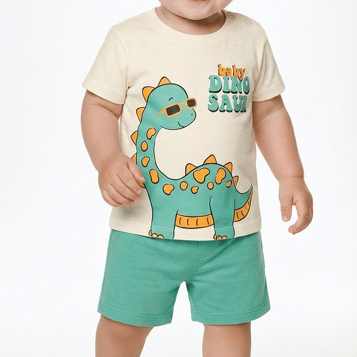 Conjunto camiseta estampa de dinossauro e bermuda