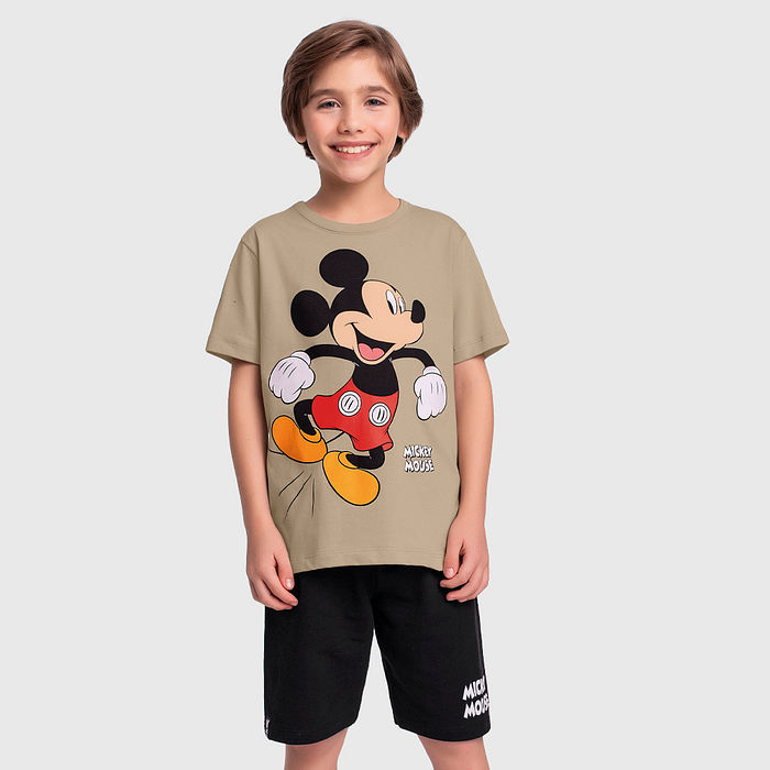 Conjunto camiseta Mickey Mouse e bermuda em moletinho