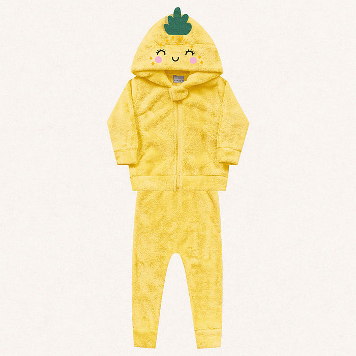 Conjunto jaqueta com capuz e calça em tecido fleece frutas