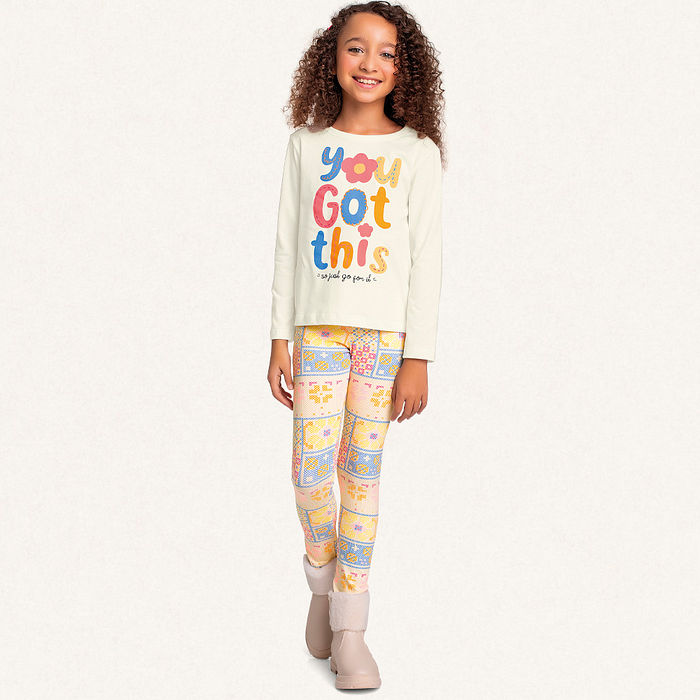 Conjunto blusa manga longa em meia malha e legging em cotton leve you got this