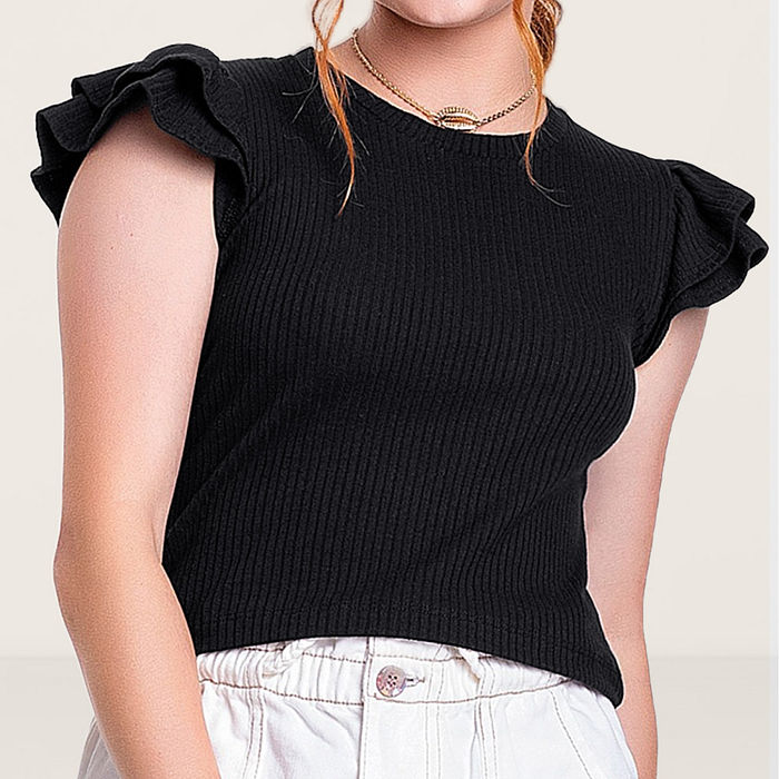 Blusa em ribana 5x3 viscose com babado nos ombros