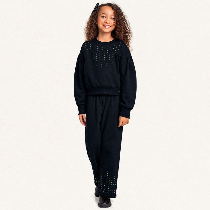 Conjunto blusão e calça wide leg em moletom com strass